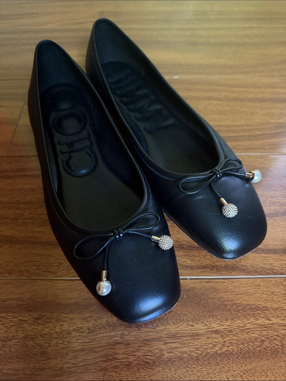 Jimmy Choo Black Ballet Flats with Pearl & Crystal Charms